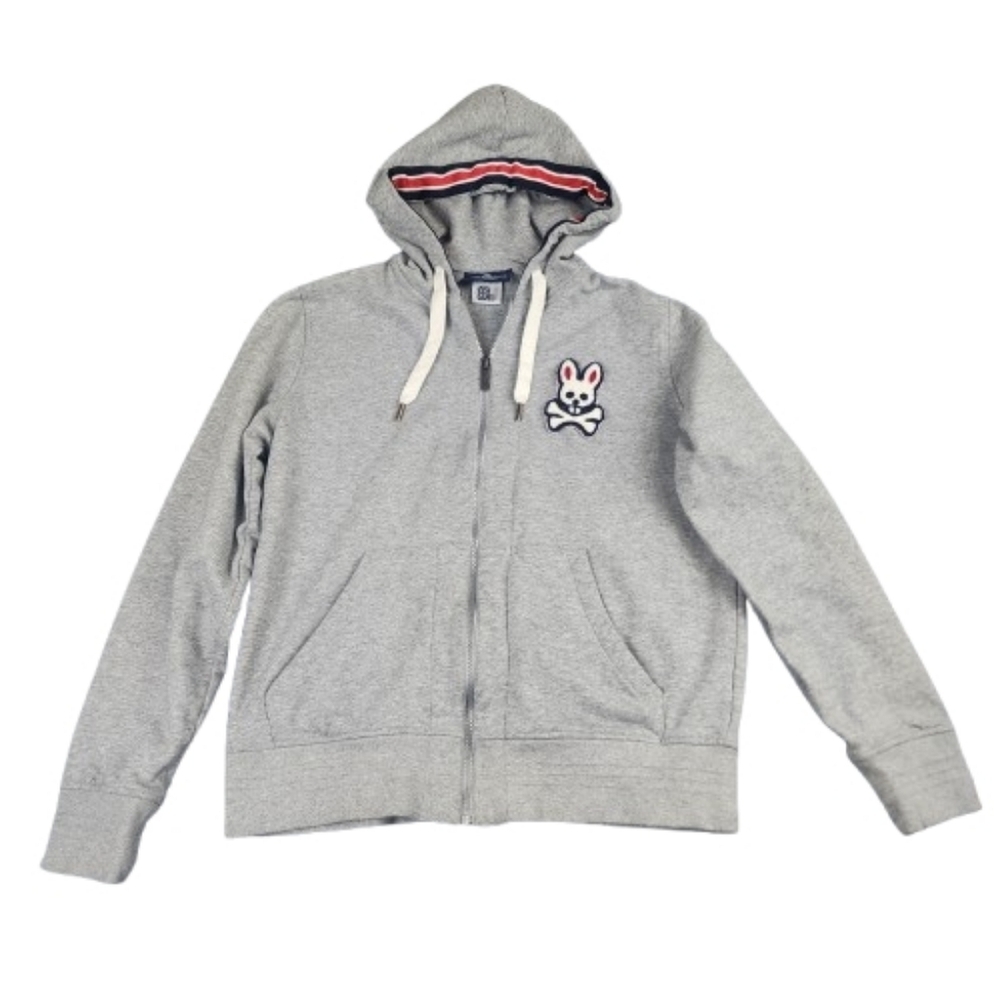 Psycho Bunny Gray Zip Up Hoodie with Navy Red Stripe Embroidered Skull Rabbit S